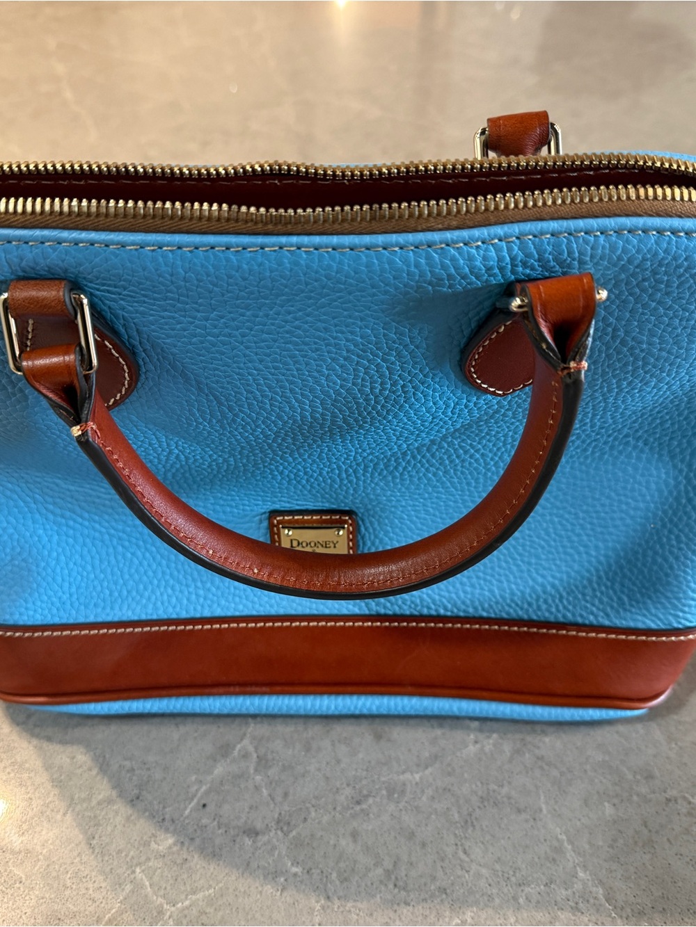 Dooney & Bourke Sky Blue Pebble Leather Satchel with Brown Trim and Handles NWT - Picture 4 of 10